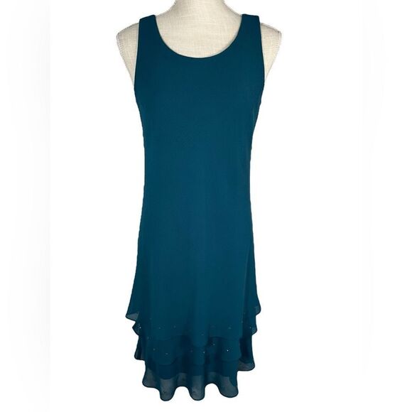 Ursula Of Switzerland Teal Blue Sleeveless Rhinestone Ruffle Hem Dress - Picture 1 of 9
